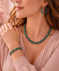 Alternative view of 3-tlg. Miyuki Schmuckset Türkis: Kette, Armband & Creolen