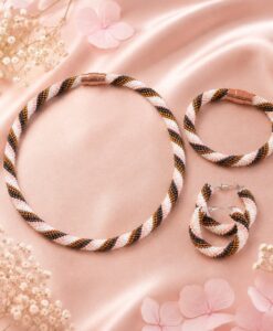 Miyuki Schmuckset -  Kette - Armband -  Creolen / Rosa-Braun