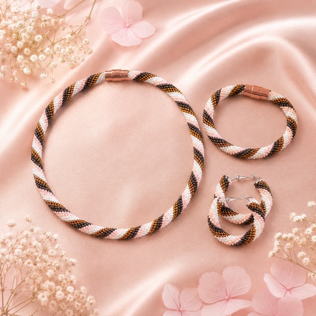 Miyuki Schmuckset - Kette - Armband - Creolen / Rosa-Braun